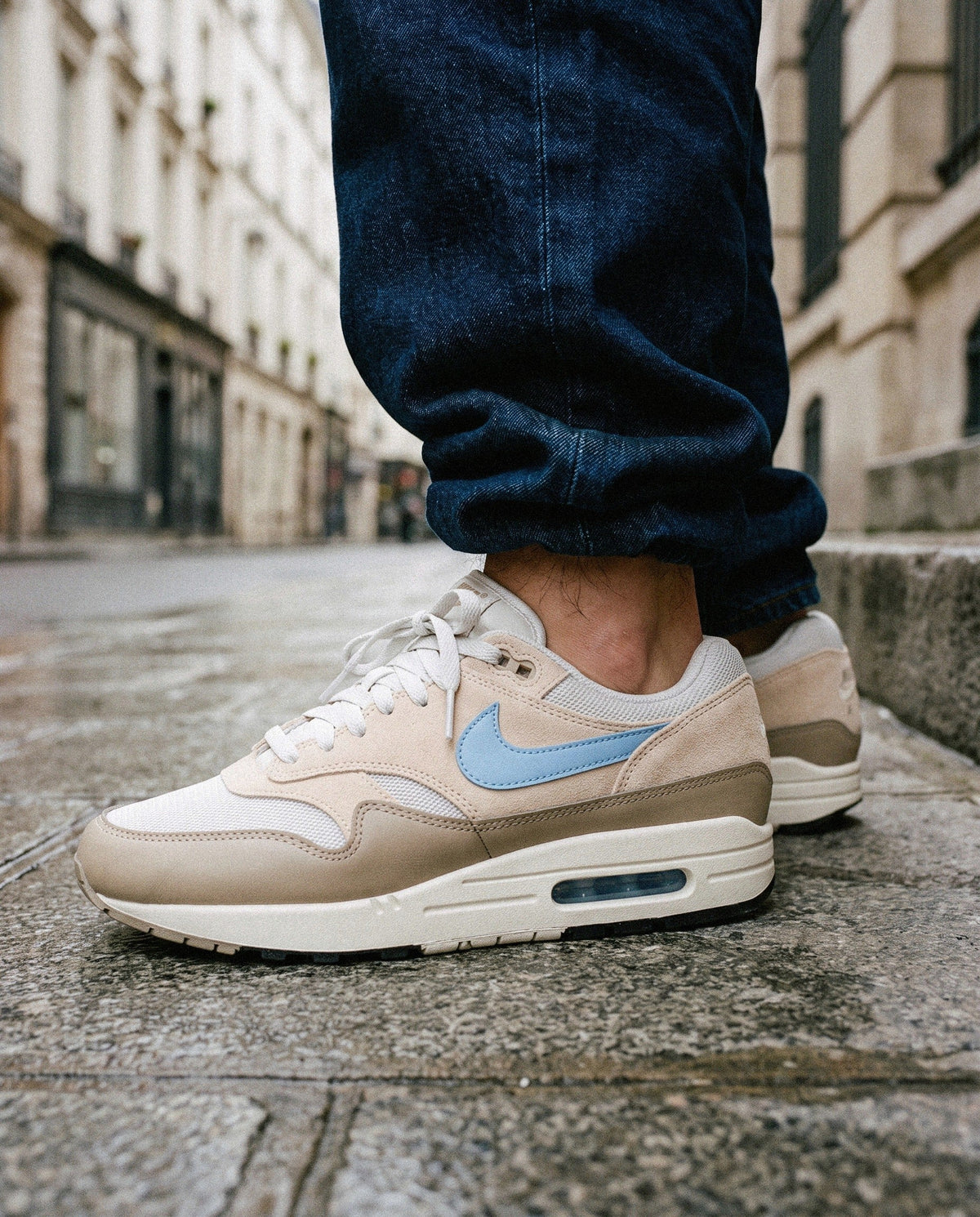 Nike Air Max 1 Essential Light Bone/Psychic Blue - on foot
