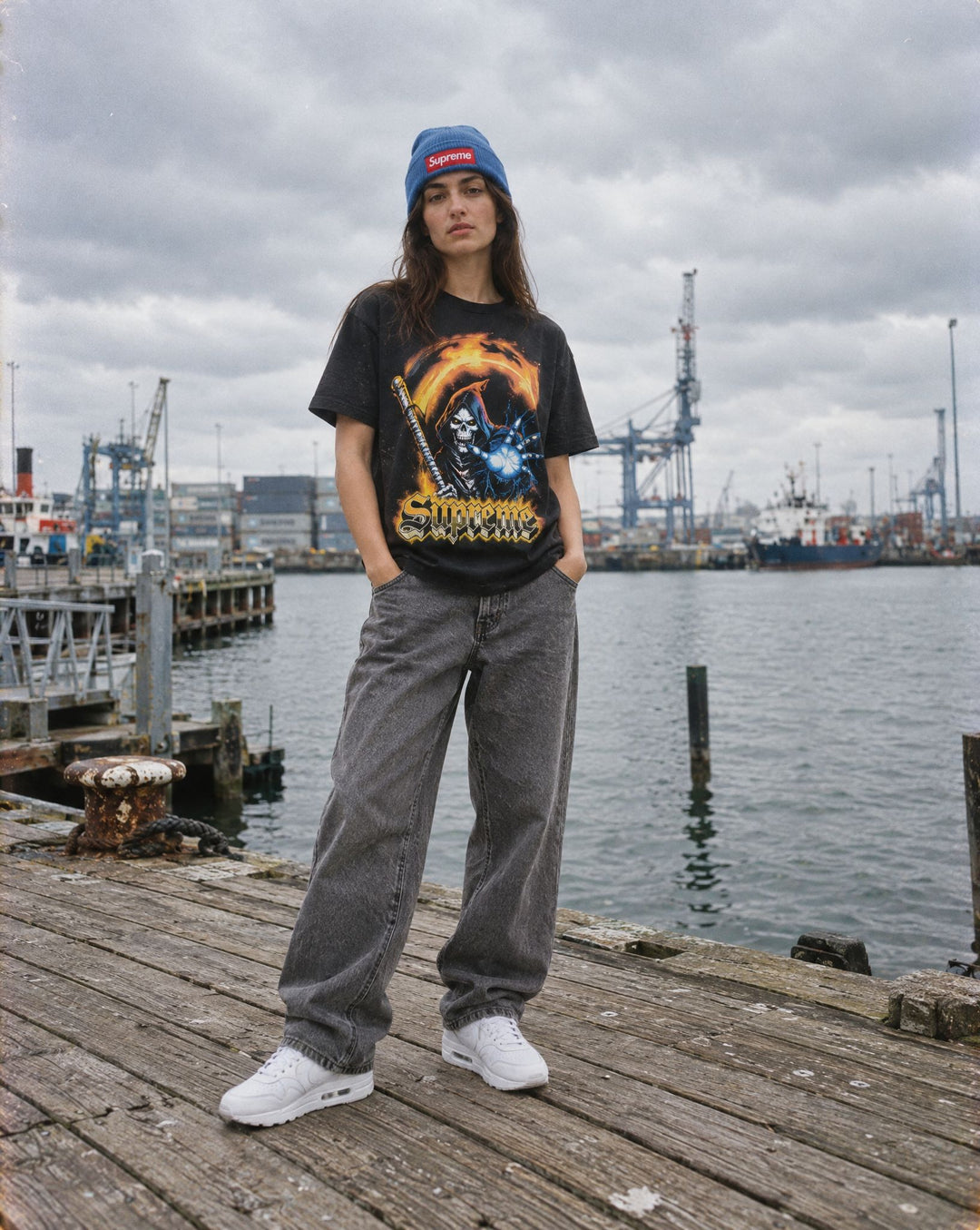 Supreme Grim Reaper Tee Black, Supreme New Era Box Logo Beanie (FW22) Blue, Nike Air Max 1 '87 SP Supreme Triple White
