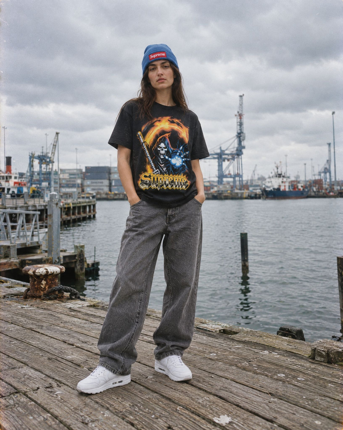 Supreme Grim Reaper Tee Black, Supreme New Era Box Logo Beanie (FW22) Blue, Nike Air Max 1 '87 SP Supreme Triple White