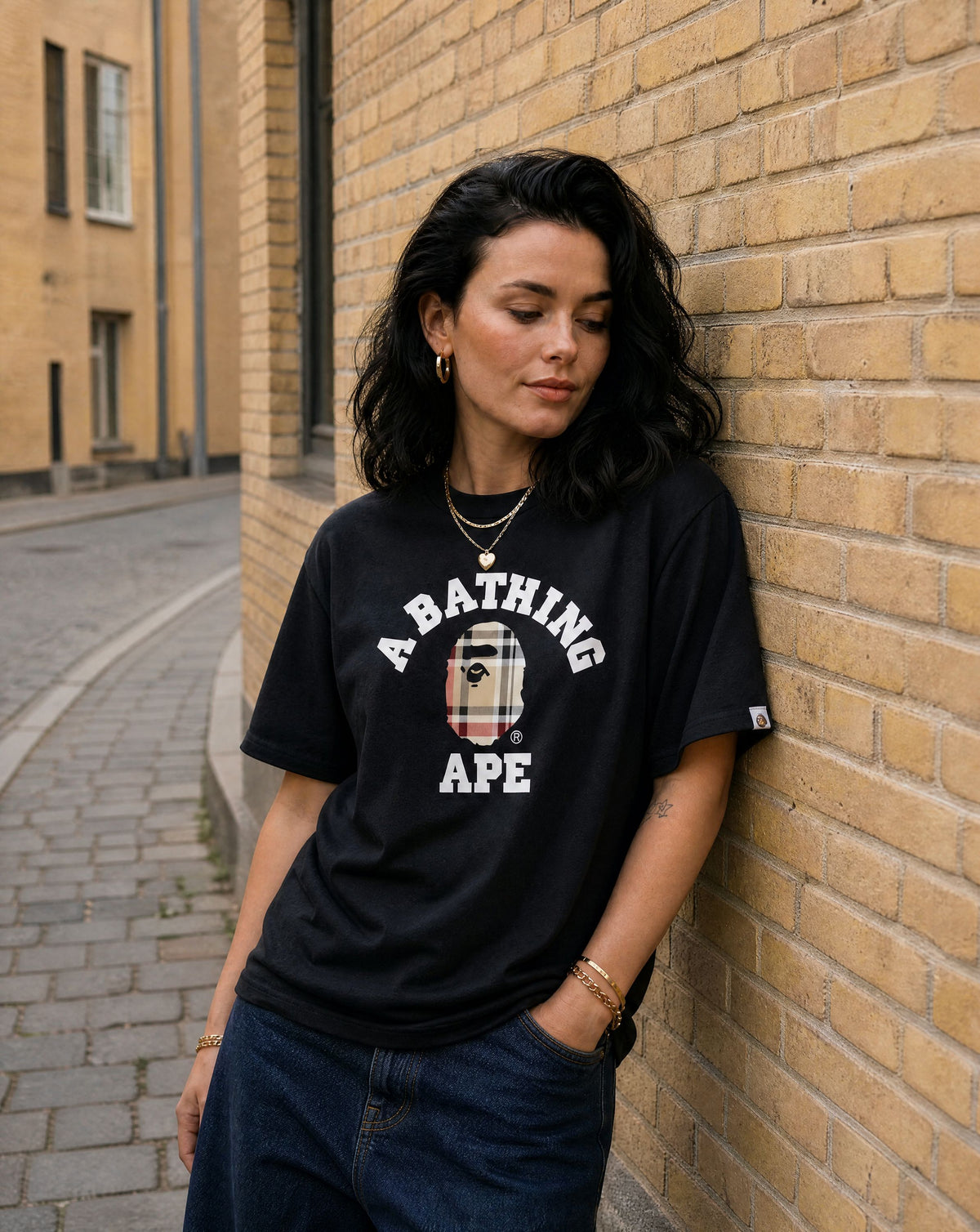 BAPE Check College Tee Black/Beige - streetstyle i København