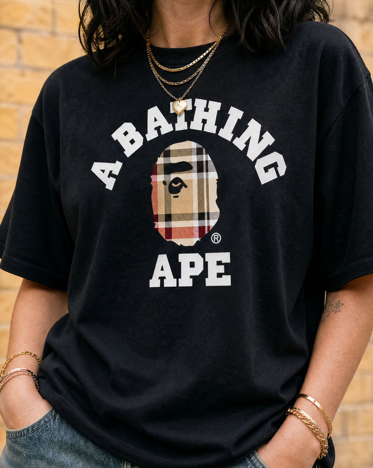BAPE Check College Tee Black/Beige - print-closeup