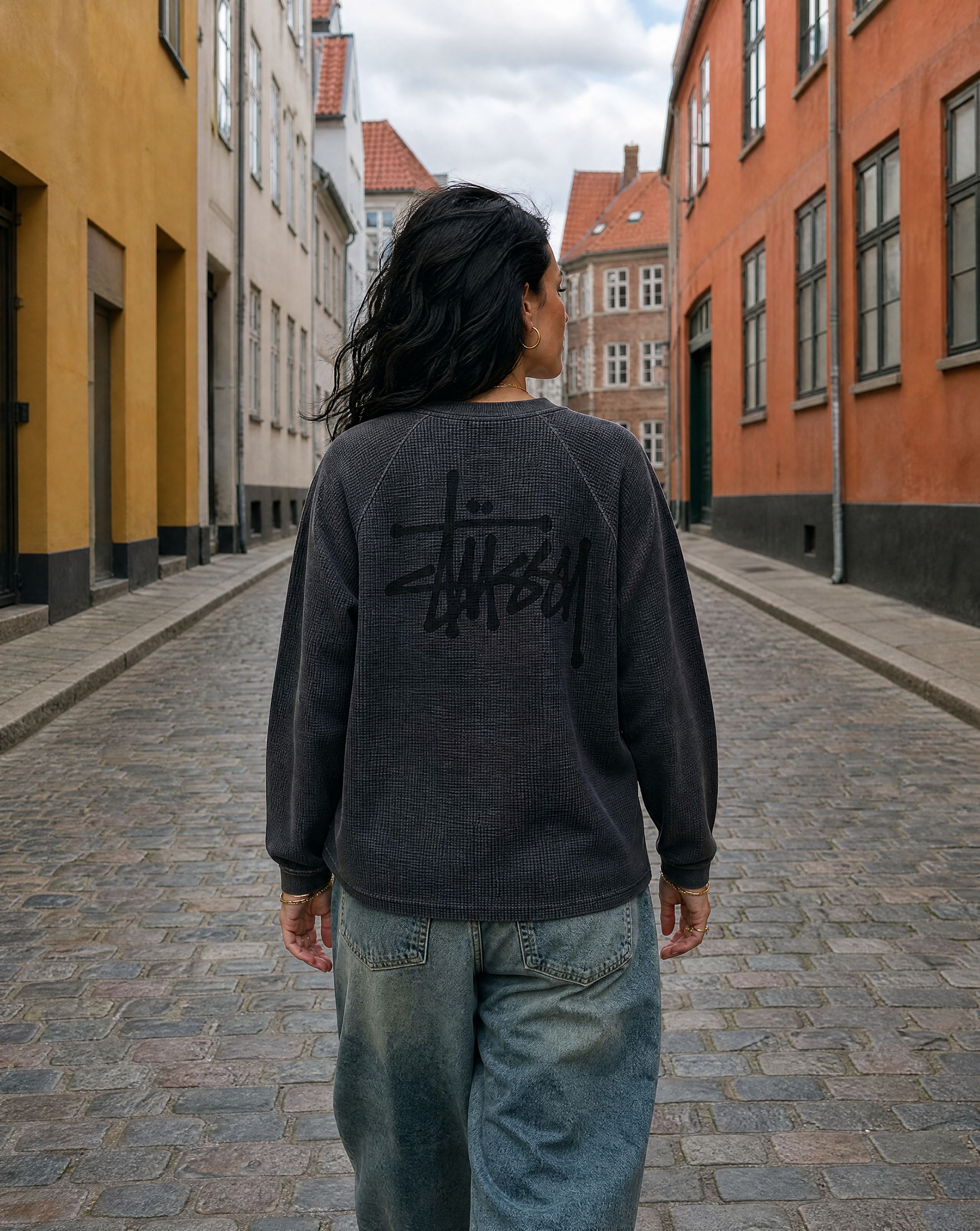 Stussy Raglan Thermal L/S Crew Washed Black - bagside