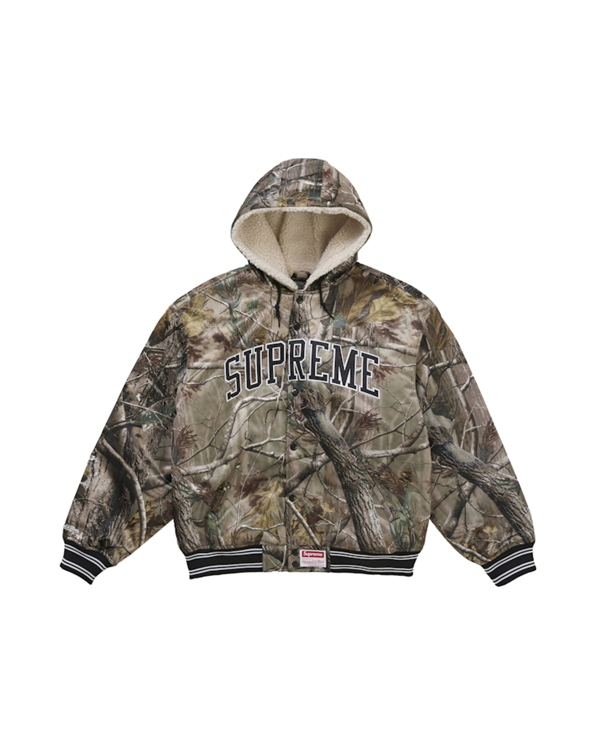 Supreme Mitchell & Ness Lined Hooded Satin Varsity Jacket Realtree AP Camo