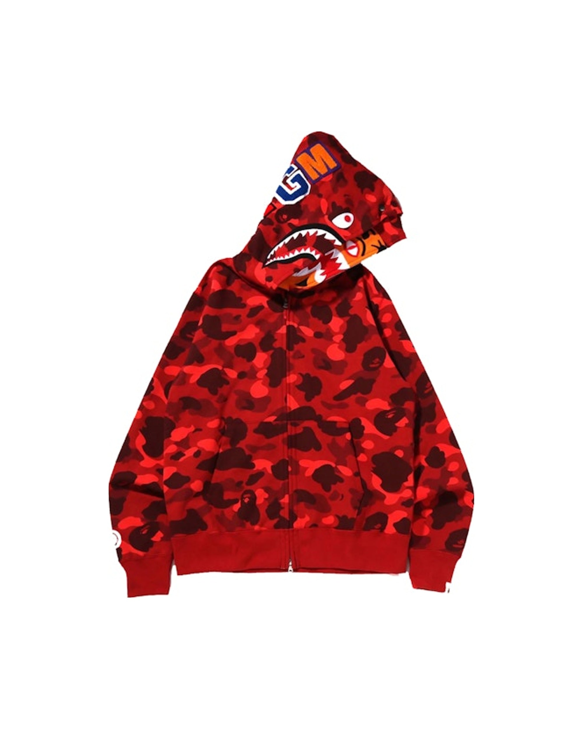 BAPE Color Camo Tiger Shark Wide Full Zip Double Hoodie (SS22) Red
